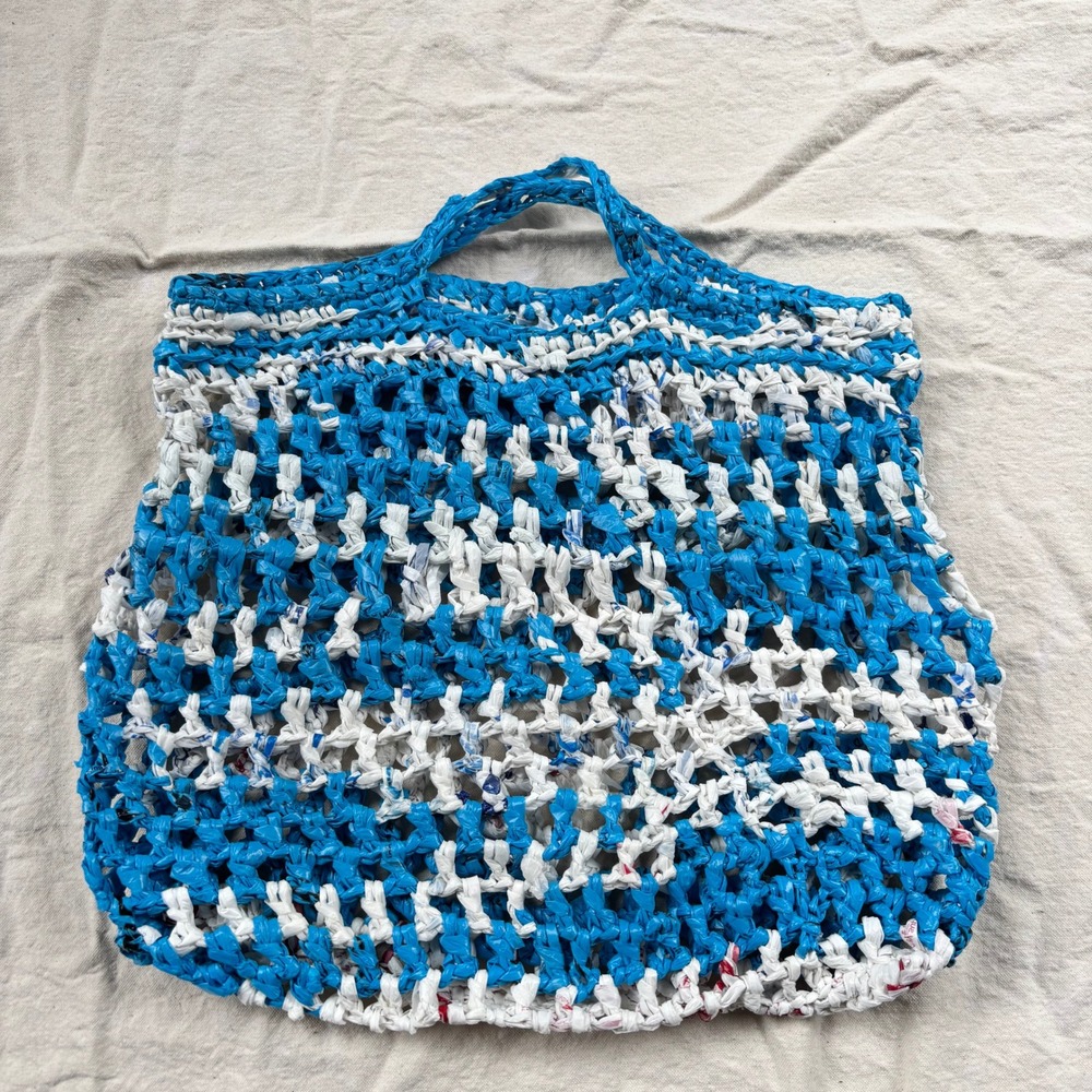 Handmade Recycled Plastic Bag Tote Blue White Woven Upcycled Market Eco Bag